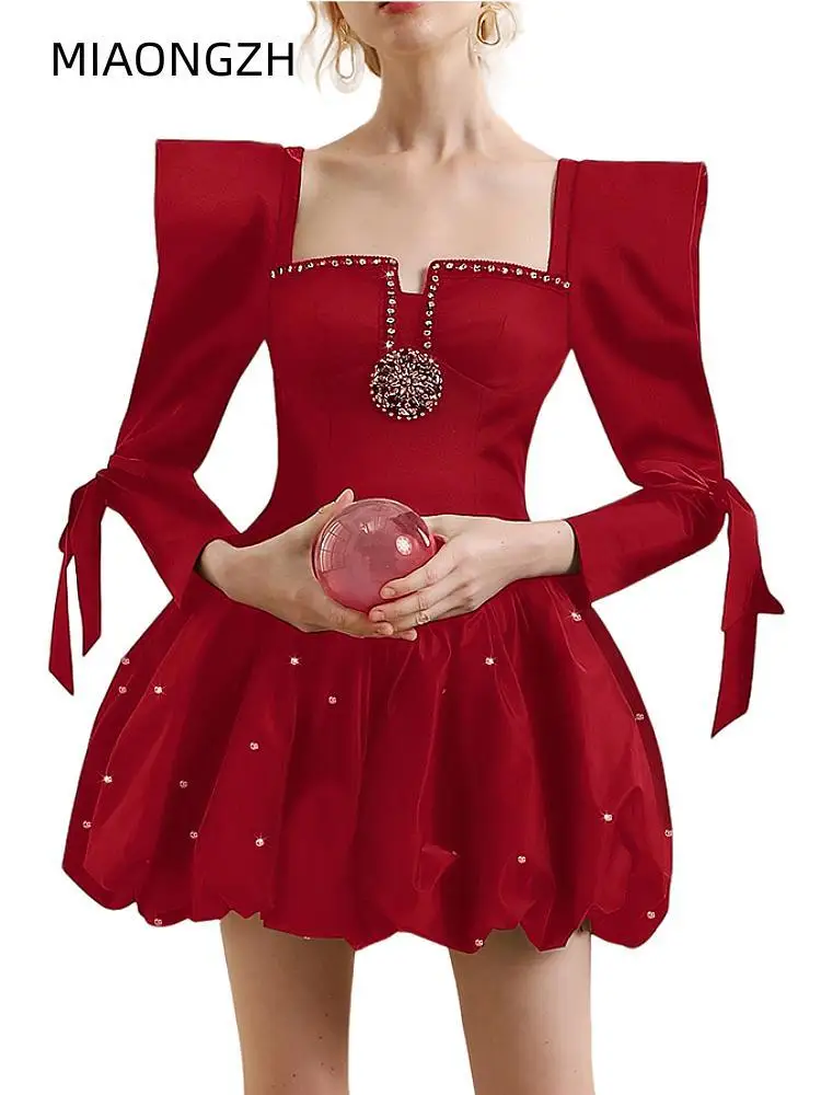 

Clothing Female Long Sleeves Pink Backless Rhinestone Sequin Dresses Fashion High Waist Short Women Designer Prom Evening Skirt