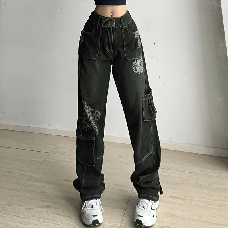 

WeiYao Street Style Vintage Loose Cargo Jeans Hight Waist Harajuku Denim Trouser Retro Graphic Print Fashion Baggy Pants 90s