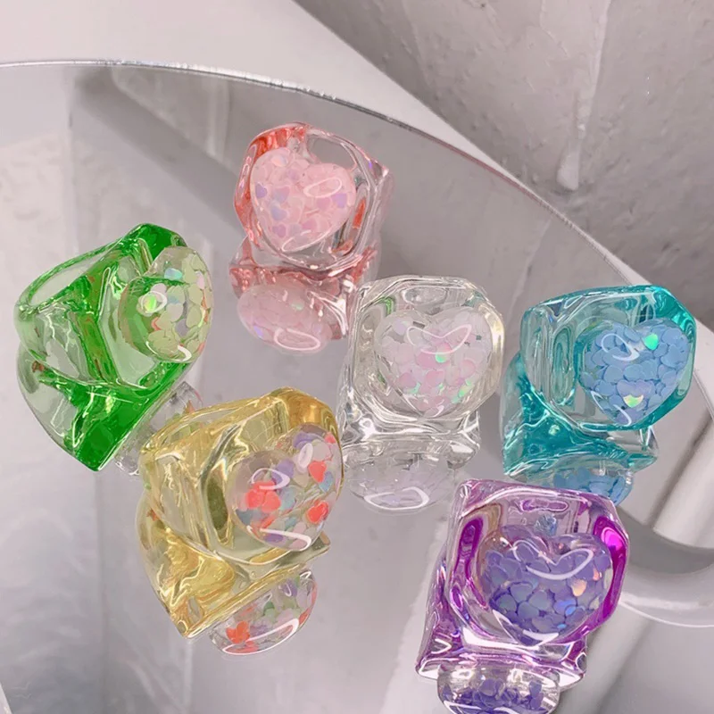 

Korean Retro Womens Resin Heart Love Finger Rings Heart-shaped Glittering Decorative Y2K Jewelry Gifts Accessories