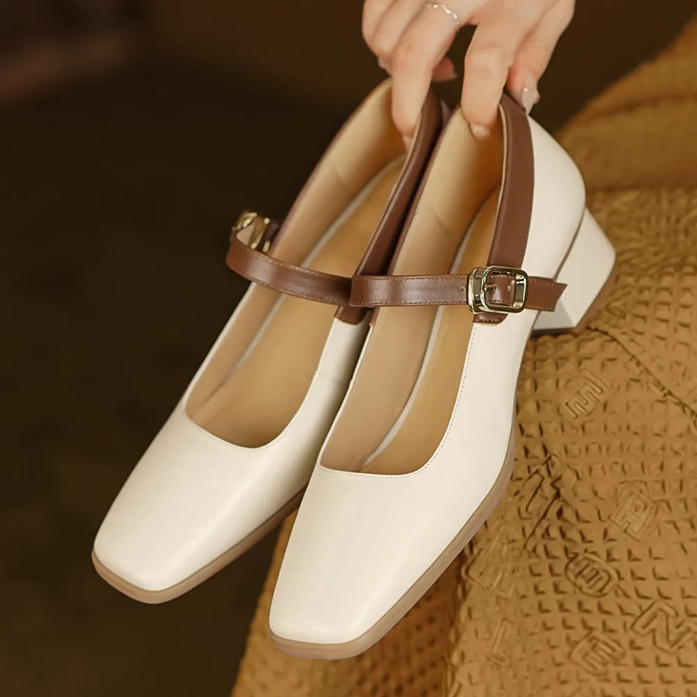 

2023 New women's mary jane pumps cow leather 4cm thick low heel square toe slip-on heeled single shoes for women free shipping