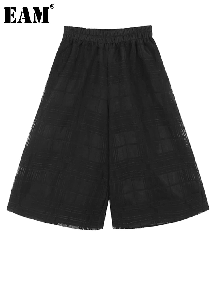 

[EAM] High Elastic Waist Blue Plaid Perspective Wide Leg Pants New Loose Fit Trousers Women Fashion Spring Summer 2023 1DF8669