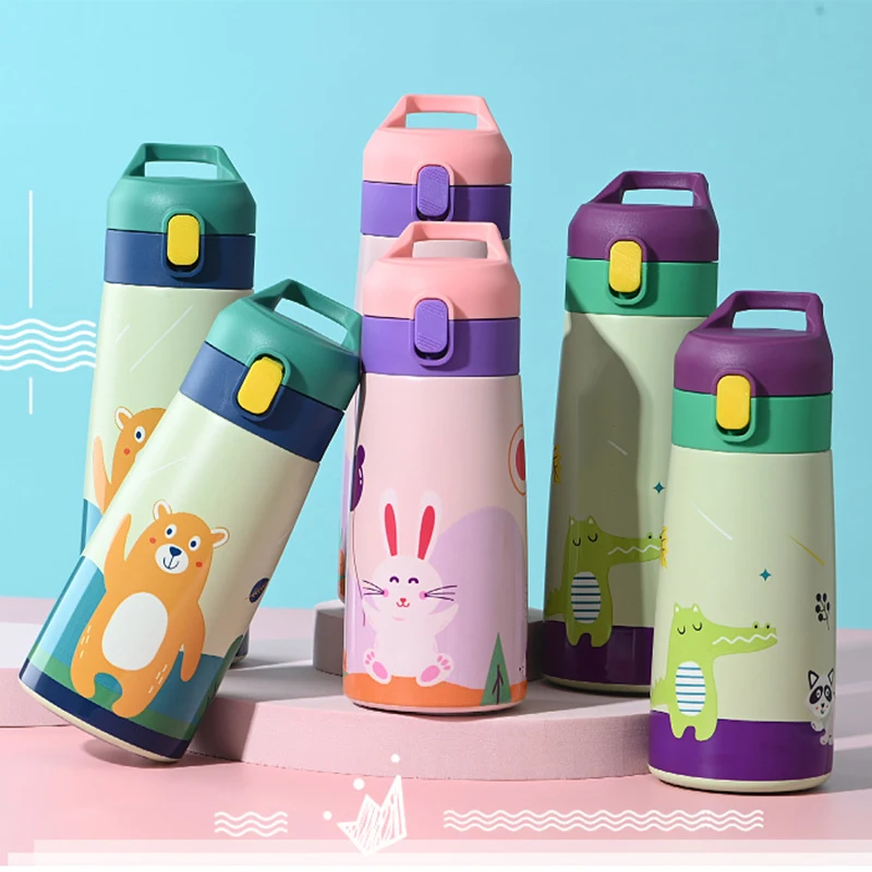 

Kids Stainless Steel Straw Thermos Mug with Case Cartoon Leak-Proof Vacuum Flask Children Thermal Water Bottle Thermocup