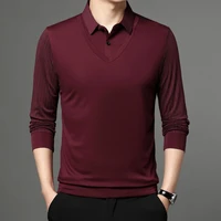 2022 autumn men smart casual fake 2pcs shirts striped sleeve turn down collar wine red navy blue green black clothes male wear