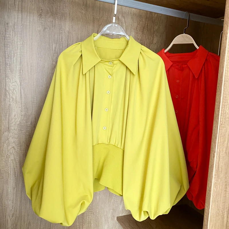 

2021 Spring Temperament New Blouse Female Loose and Thin Lantern Sleeve Lapel Blusa Fashion All-match Shirt C346