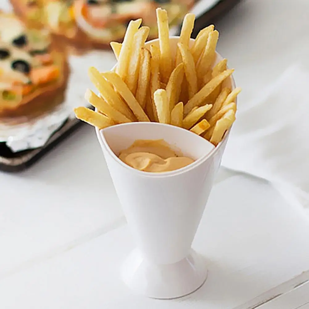 Self Stand 2 in 1  French Fries Shelf Holder Plastic Cup Assorted Sauce Chips Snack Cone Dip Cup Tableware Two Cup-mouth Kitchen