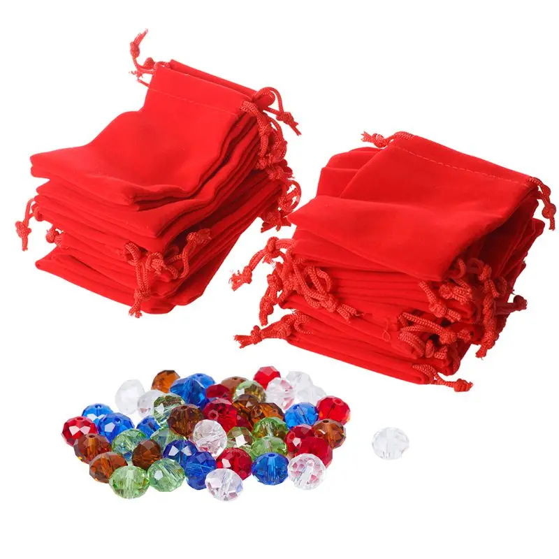 

25 X Velvet Jewelry Gift Bag Velvet Red & 50Pcs Mixed Crystal Quartz Rondelle Beads 10Mm B04424