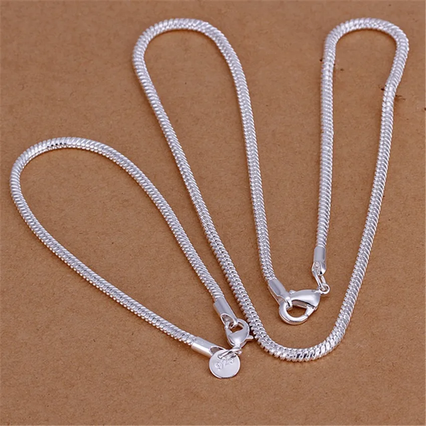 

3MM Snake bone chain 925 Sterling Silver bracelets neckalce Jewelry sets for women man Fashion Party wedding Christmas Gift