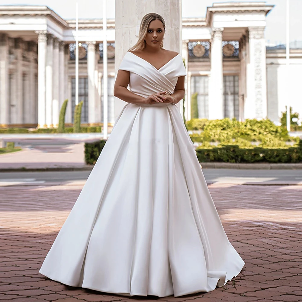

Beauty Plus Size Satin Wedding Dress Off The Shoulder V Neck Ruched Pleat Simple Vestido De Noiva Ball Gown Bridal Dresses