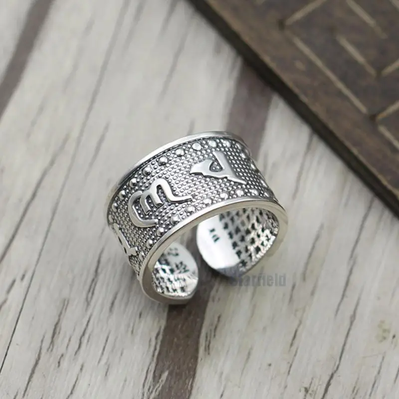 

S925 Sterling Silver Jewelry Create Retro Six Words Mantra Opening Ring Thai Silver Personality Couple Ring