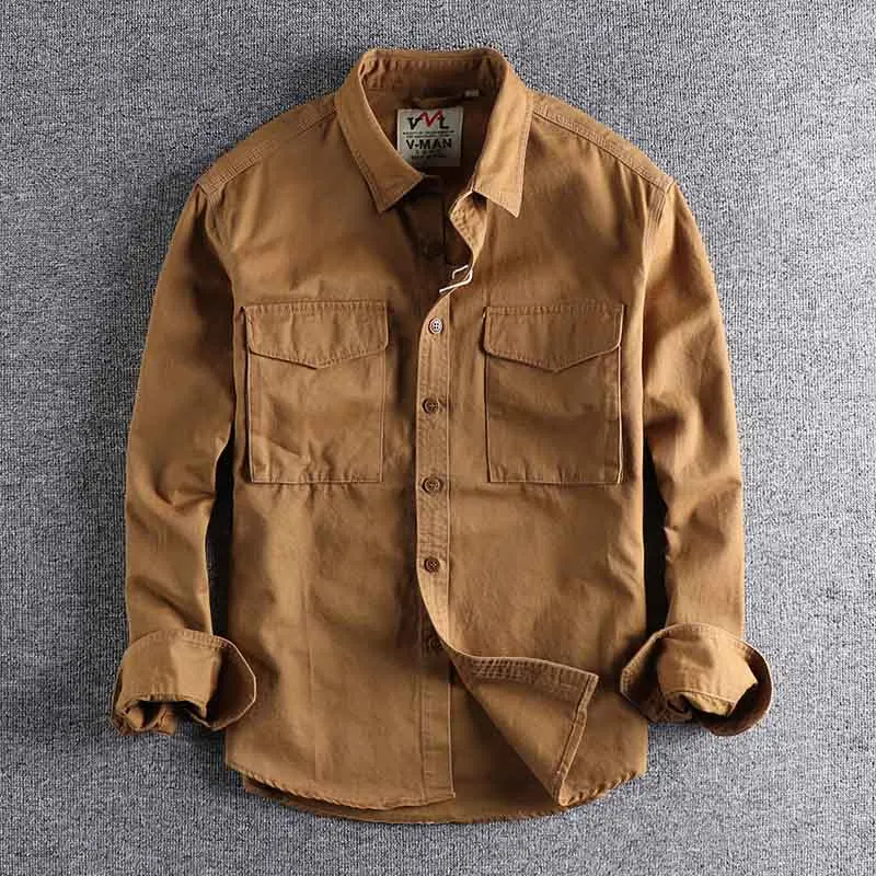 Men's Vintage Solid Color Shirts Long Sleeves Cargo Casual Cotton Top Coats For Male Front Pockets
