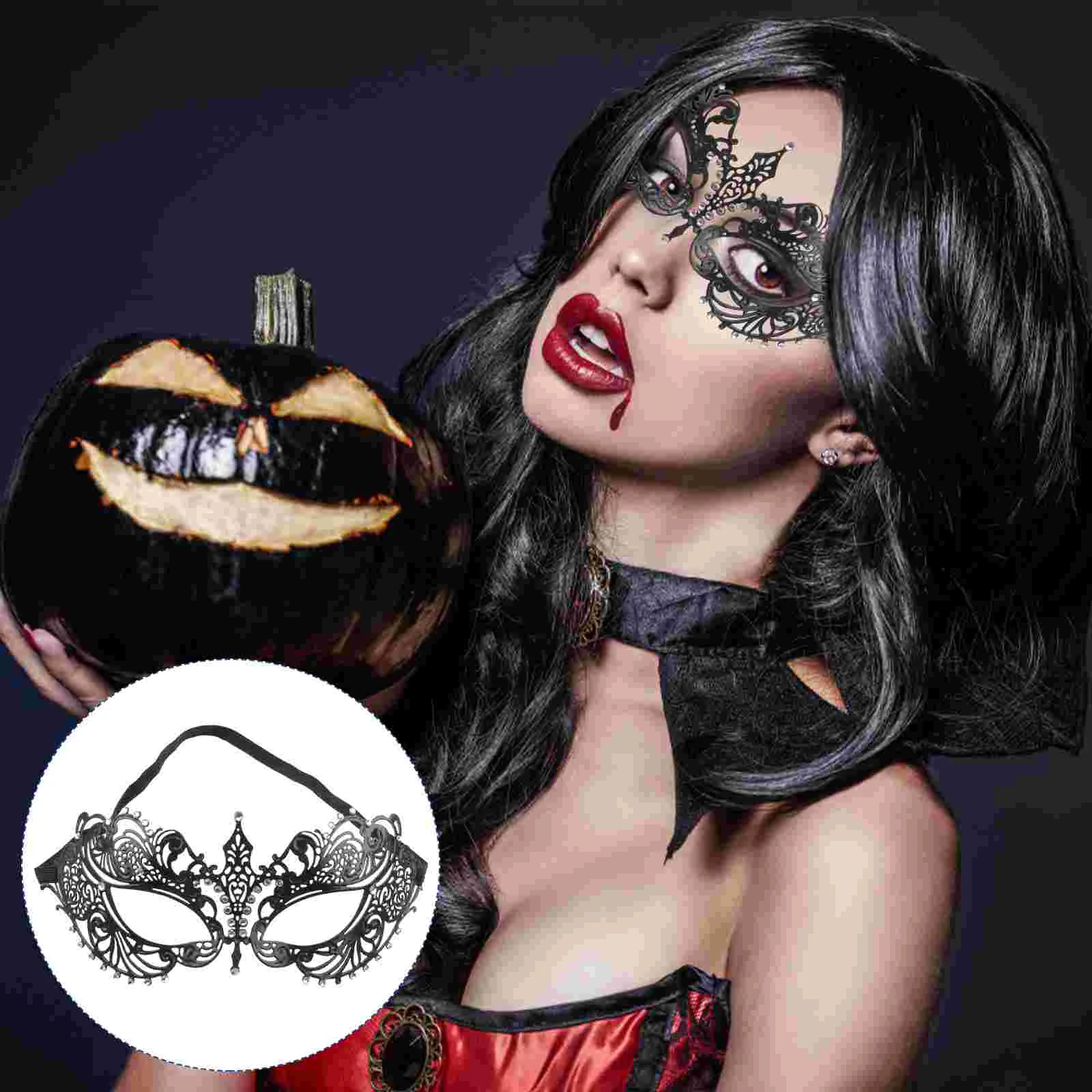 Women's Ladies Crystal Rhinestones Decor Cut Metal Venetian Masquerade Mask for Halloween /Costume Ball /Party (Black)