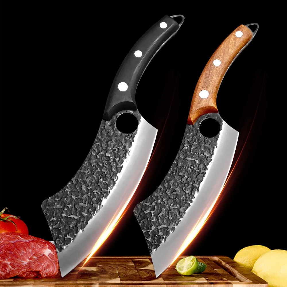 

Full Tang Kitchen Knives Cleaver Meat Chopping Vegetables Butcher Boning Knives Wood Handle Chef Hunting Knife with Finger Hole