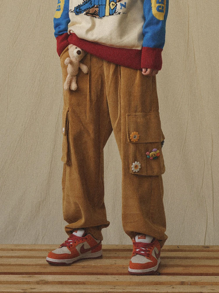 

2022 Kawaii Japanese Corduroy Pants Women Vintage Brown Cargo Pants Pockets Streetwear Oversized Korean Style Wide Leg Trousers
