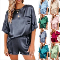 womens pajamas housewear pajamas set new solid color imitation silk pajamas leisure wear short sleeve shorts pocket two pieces