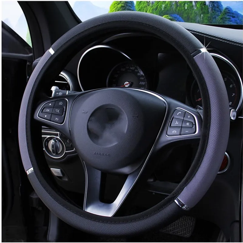 

Four Seasons Universal Car Steering Wheel Cover 37-38cm Leather Embroidered Color Diamond-Studded Elastic Steering Wheel Cover