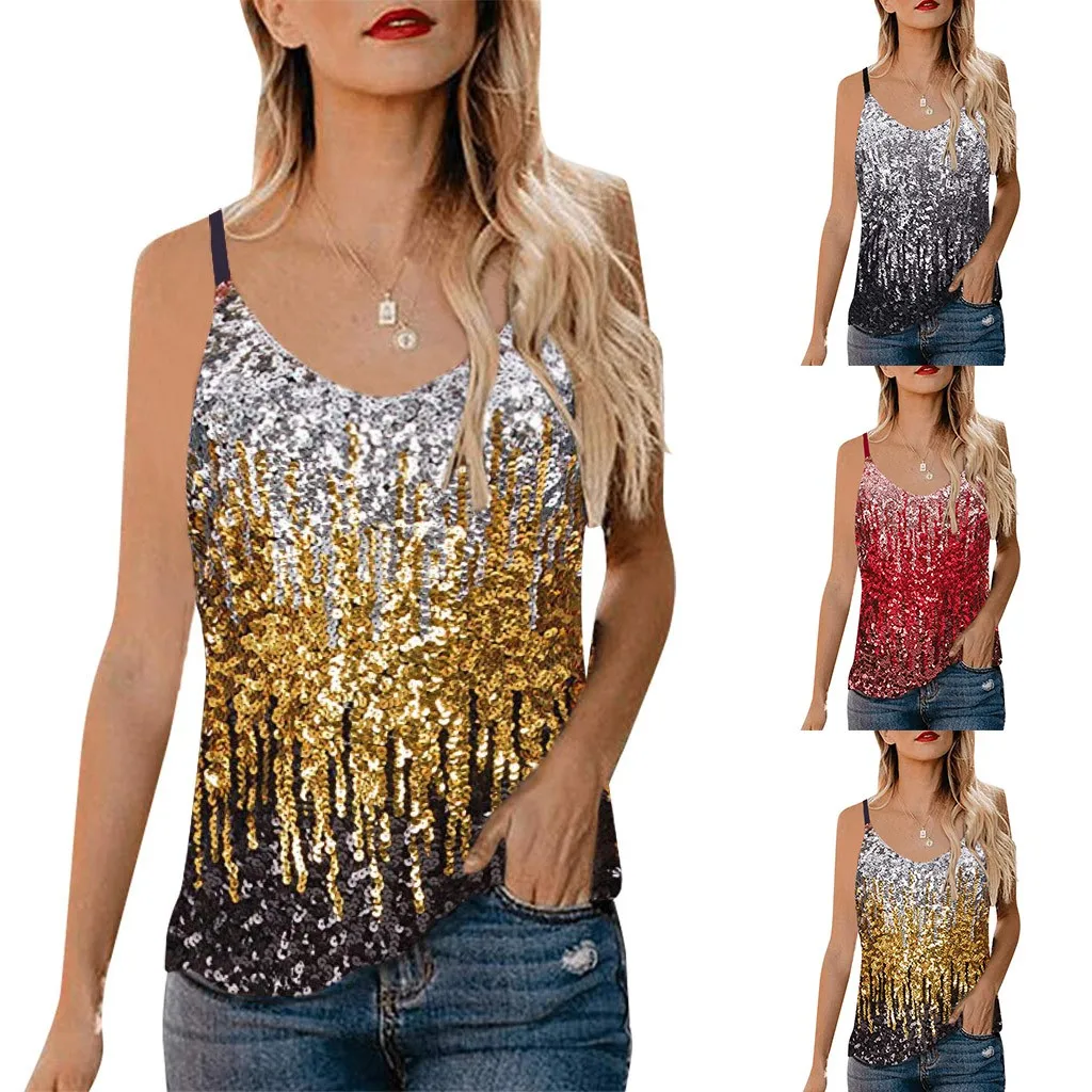 

Summer Woman Top Tank Top Sexy Top Female 2022 Women's Sequin Tops Glitter Party Strappy Tank Vest Camis Ropa Mujer Tanktop 2021