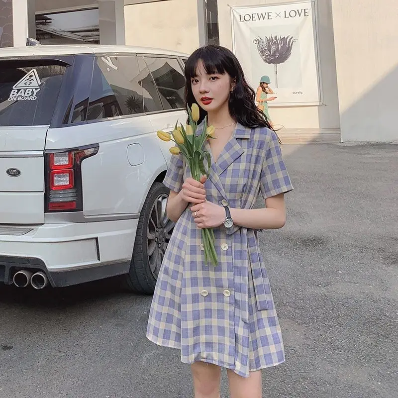 

Хлопковые Платья в клетку, женское летнее клетчатое платье для выпускного, женское шифоновое винтажное мини-платье в Корейском стиле, повседневное короткое цельное платье