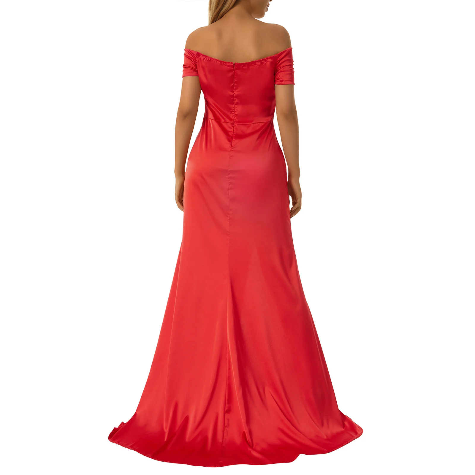 Женское официальное платье с высоким разрезом красное однотонное длинное