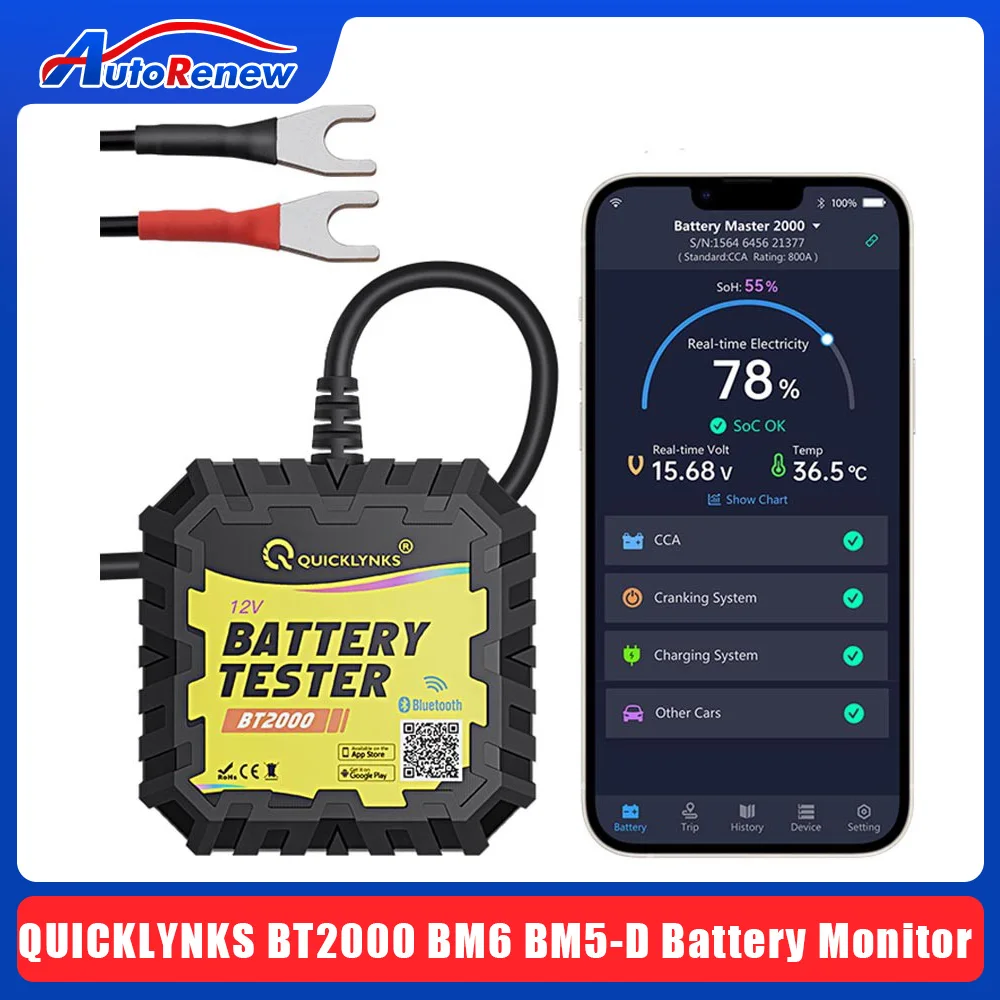 

QUICKLYNKS BT2000 BM6 BM5-D Bluetooth 2. 0 12V монитор аккумулятора автомобиля, запуск и зарядка аккумулятора, тестер APP для Android IOS
