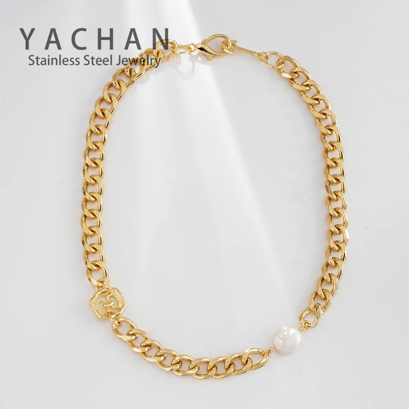 

Freshwater Pearl Necklace Female Button Beads Minority design Baroque trend wind Cuba chain clavicle chain jewelry