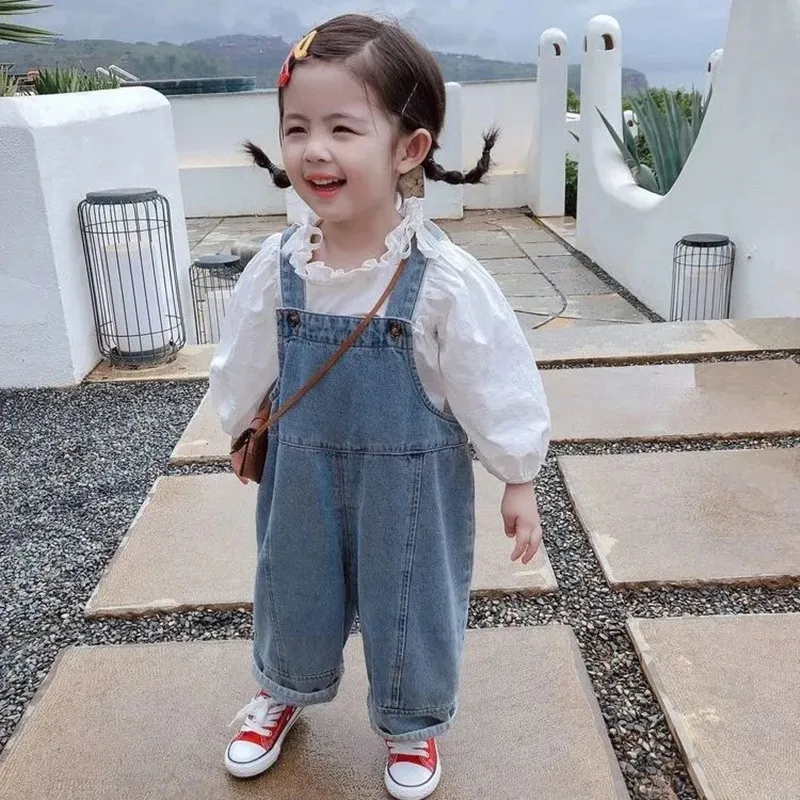 

Spring and Summer Girls Overalls Suits Children's Wide-leg Jeans Shirts 2-piece Set Baby Thin Overalls Casual Pants