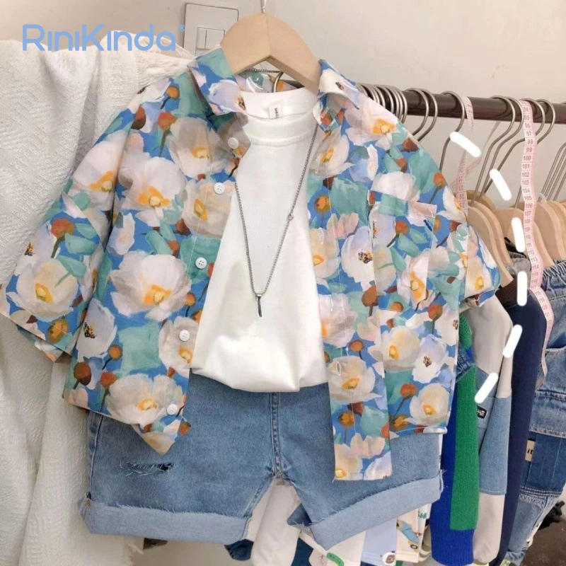 

New 2023 Summer Children Boys Girls Shirts Floral Print Short Sleeve Blouses for Kids Soft Kids Tops Unisex Clothes