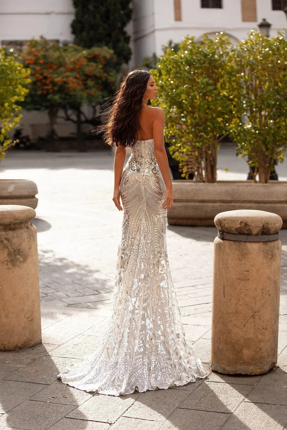 2022 Women Elegant Prom Dress Sexy Sequined Backless Sleeveless Strapless Floor Length Mermaid Party Silver Dresses