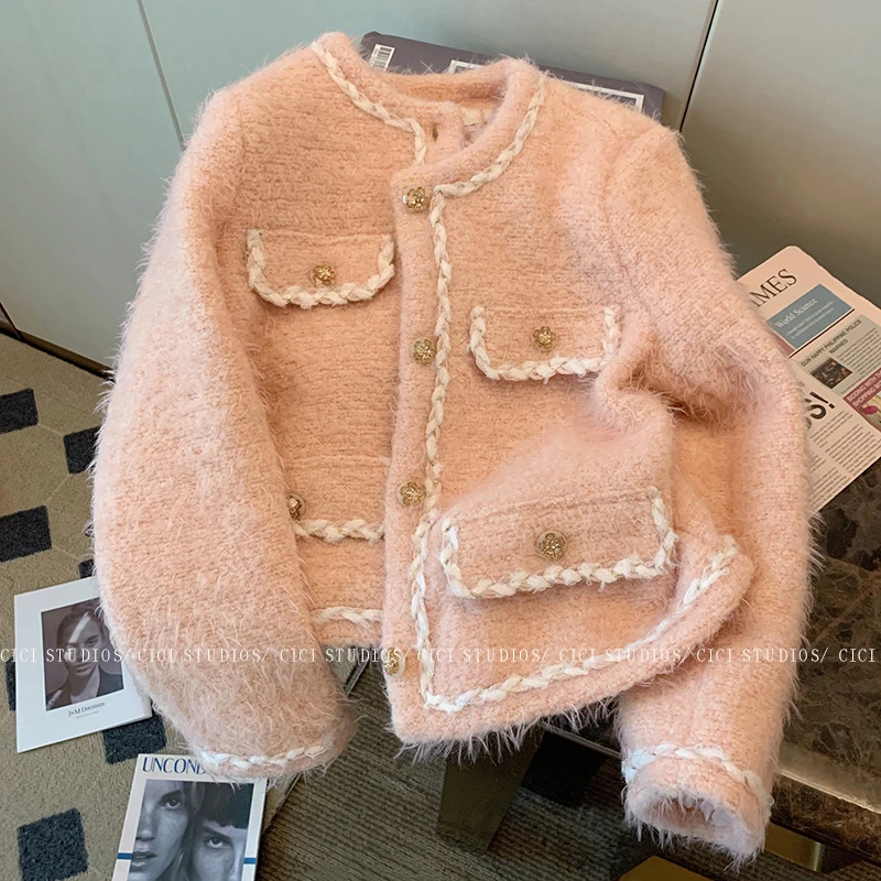 

Women's Pink Short Jacket Autumn and Winter Elegant Casual Button Thick Coat Party Dress Korean Fashion Cardigan Long Sleeve Top