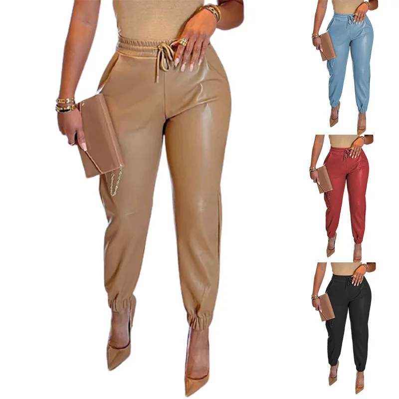 

2022 Spring/Summer Solid Color Drawstring Women's Eco-leather Pants with Pocket PU Leather Casual Fashion Leggings Leather Pants