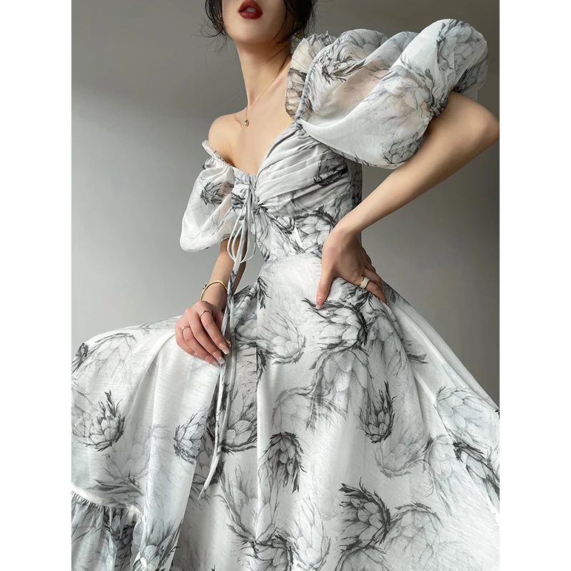 

Elegant Vintage Floral Dress Women Chiffon Korean Party Dress Puff Sleeve V Neck Midi Dress Summer Dresses for Women 2022