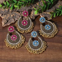 ethnic fashion vintage flower drop earrings women alloy pink blue crystal beads tassel earrings geometric wedding party jewelry