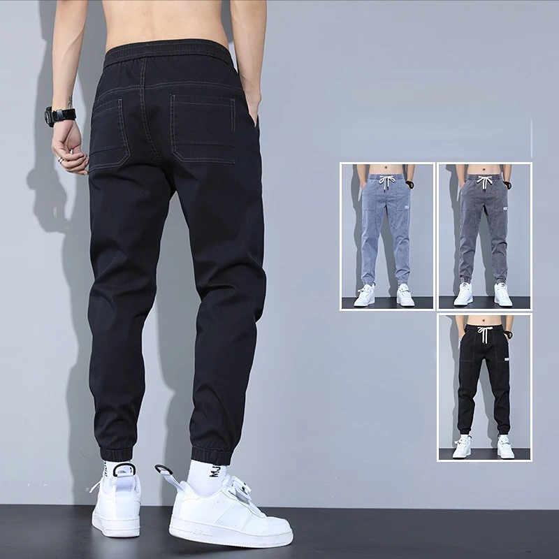 Men Jeans Spring Summer Solid Color Loose Pockets Harem Jeans Men Lace-up Mid Waist Denim Pencil Pants Trousers Streetwear Jeans