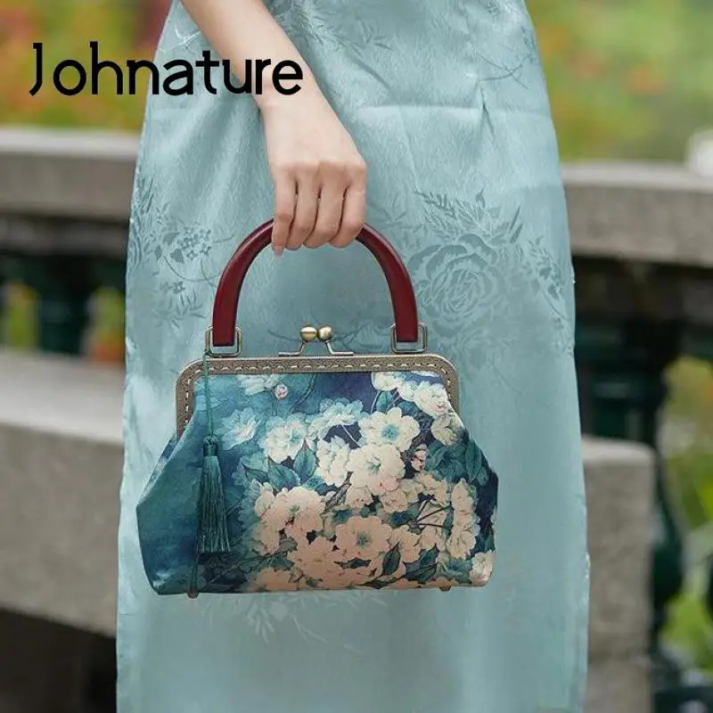 

Женская сумка-Ципао с бамбуковыми ручками Johnature, винтажная сумка на плечо с цепочкой и принтом, 2022