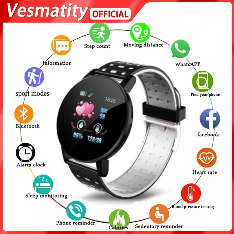 

For Apple Huawei Xiaomi 119Plus Smart Bracelet Blood Pressure Waterproof Sport Round Smartwatch Smart Clock Fitness Tracker