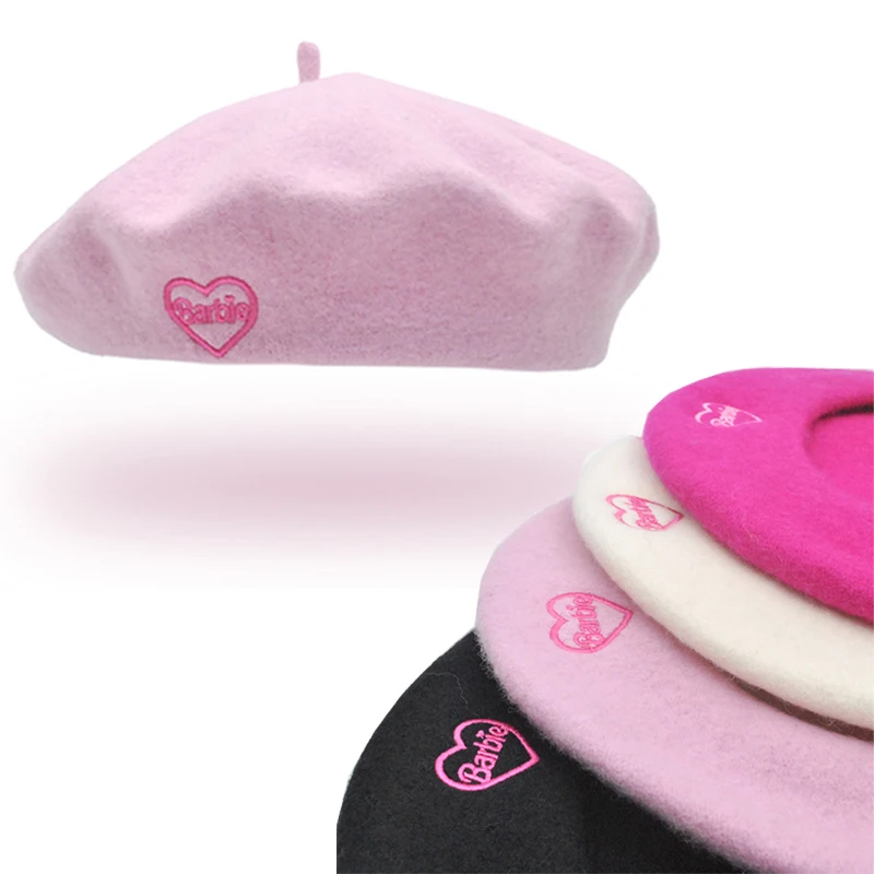 

Милый розовый берет Барби, одежда для фильмов, аксессуары для девочек, женская шапка художника, шерстяная вышитая надпись, зимний теплый подарок на день рождения