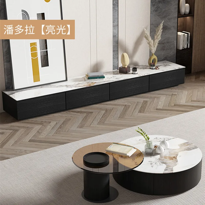 

Slate round coffee table living room light luxury solid wood environmental protection paint telescopic TV cabinet coffee table