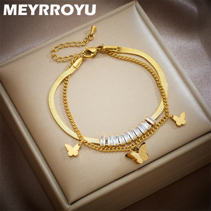 

MEYRROYU 316 Stainless Steel 2022 New Vintage Butterly Zircon Charm Bracelet For Women Men Jewelry Party Gifts Bijoux Pulsera