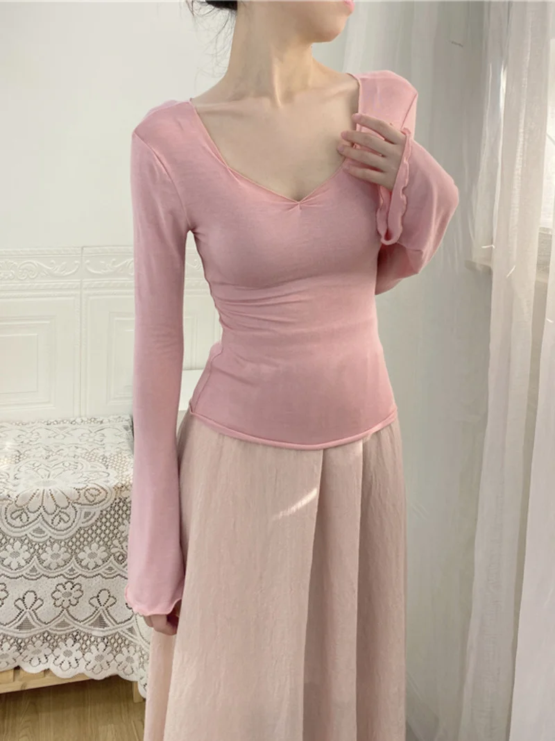 

Gentle Sweet WOMENGAGA Chic Square Collar Flared Sleeve Slim Short Top T-shirt Long Sleeve Thin Tees Sweet Asian Girl 7F8Y