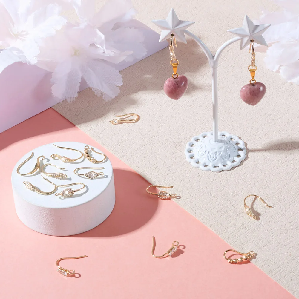 8 Pairs Brass Micro Pave Cubic Zirconia Earring Hooks Rhombus Teardrop Lighting Real 14K Gold Plated for Jewelry Making DIY