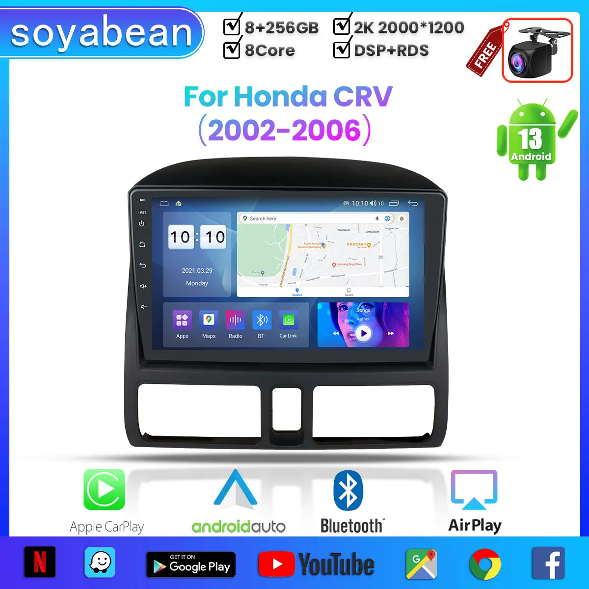 

Автомобильный радиоприемник Android 13 для Honda CRV 2002-2006, 9-дюймовый мультимедийный плеер с 4G WiFi Car Carplay и 2Din GPS-навигацией.