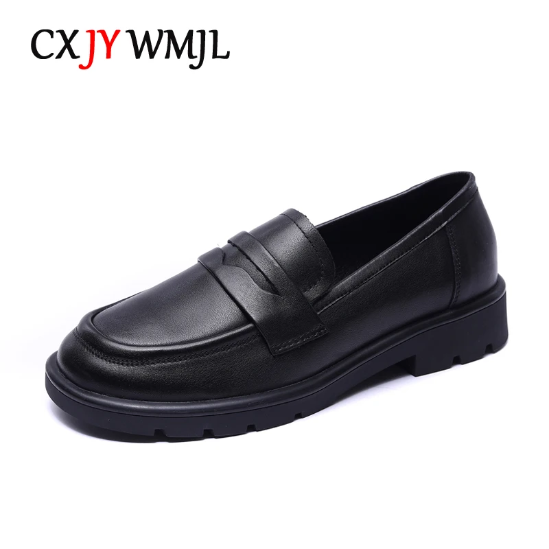 

CXJYWMJL Genuine Leather Women Spring Loafers British Style Casual Shoes Ladies Round Toe Flats Fashion Single Shoes Autumn