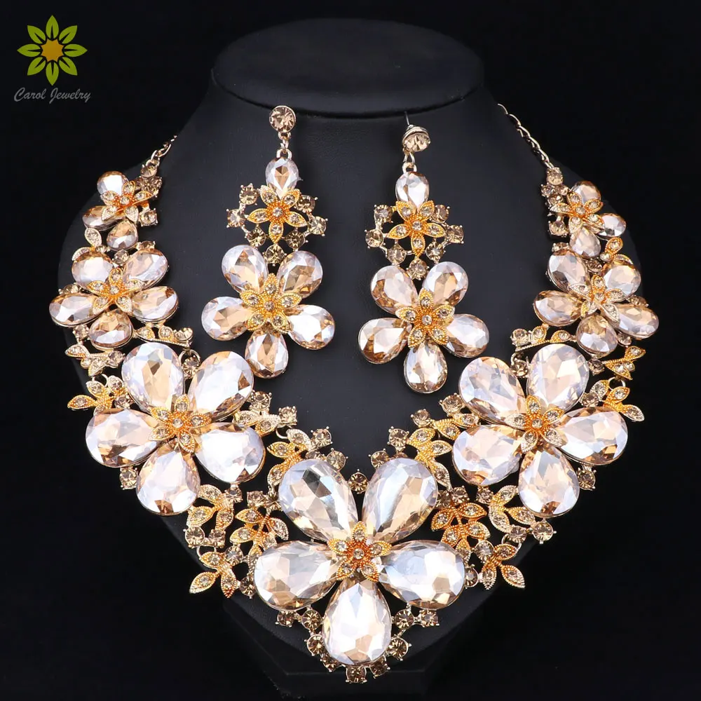 

Новые наборы свадебных ювелирных изделий, свадебное ожерелье, серьги для невест, вечерние аксессуары, золотые цветы, украшение, подарок для ...