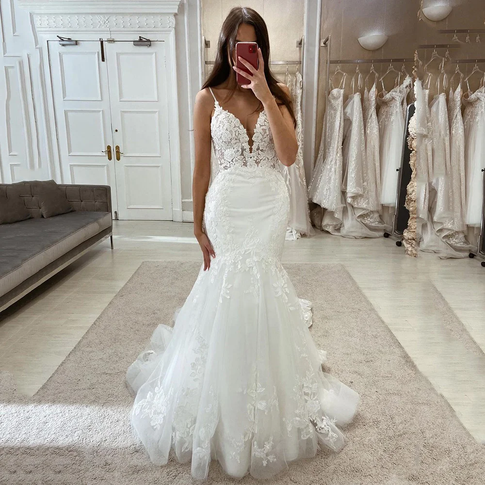 Великолепные кружевные свадебные платья-русалки 2024, свадебные платья с V-образным вырезом и длинным шлейфом для церкви