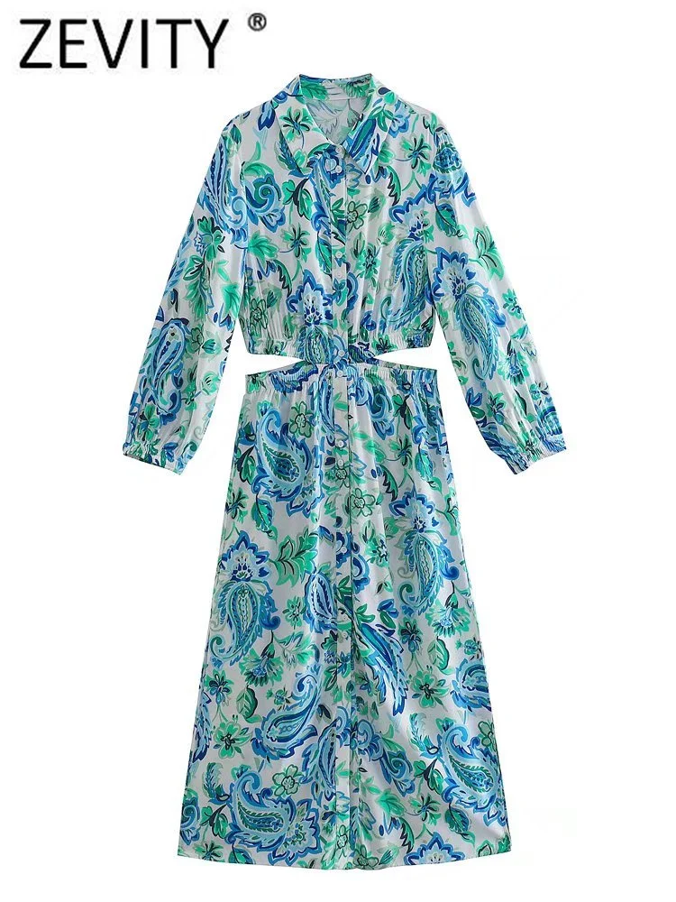 

Zevity Women Vintage Paisley Floral Print Waist Hollow Out Shirt Dress Lady Chic Long Sleeve Single Breasted Vestido Mujer DS520