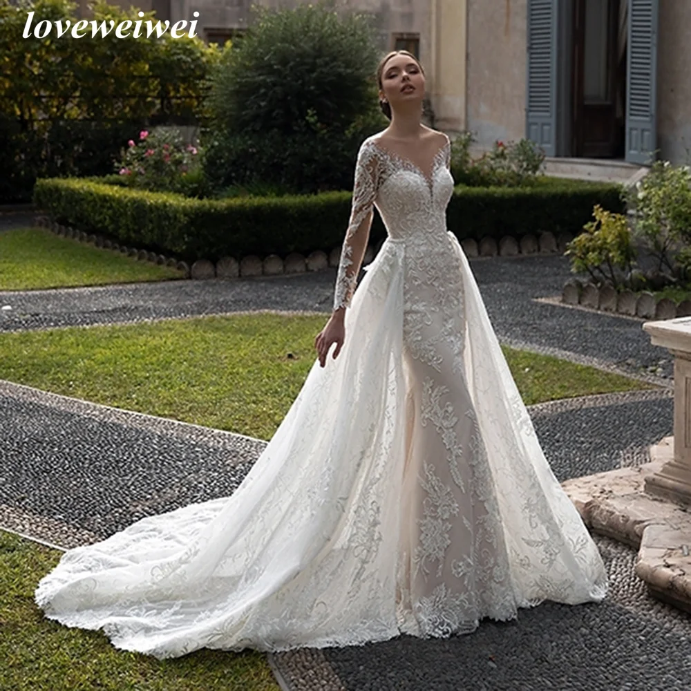 Loveweiwei Elegant Ivory Illusion Scoop Neckline Mermaid Appliques Wedding Dress New Arrival Detachable A-Line Skirt Bridal Gown