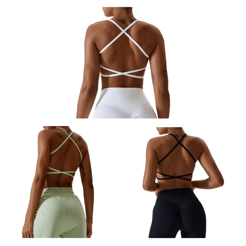 

Strappy Crisscross Back Sports Bra for Women Padded Wirefree Medium Support Bras DropShip