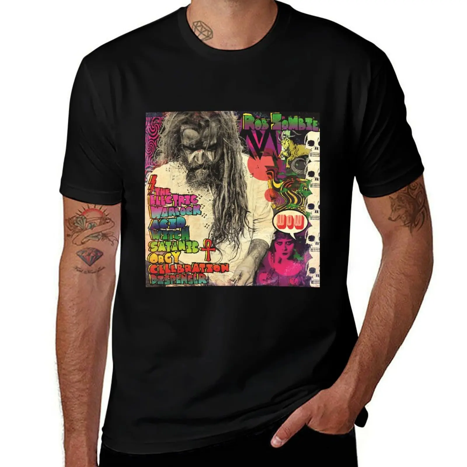 Фото Футболка Rob Zombie с изображением электрического колдуна, кислотной ведьмы и сатанинского праздника, минималистичная однотонная футболка с круглым вырезом №1