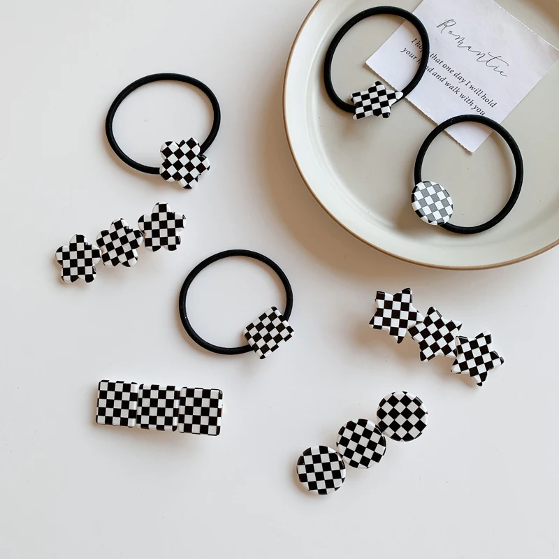

2022 New Fashion Retro Geometric Black And White Checkboard Hairpin BB Clip High Elastic Female Head Rope For Women Girls