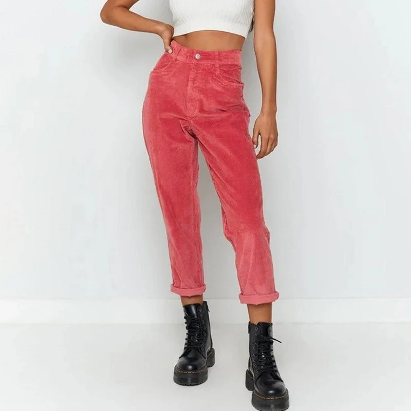 

2021 Woman Corduroy Mid Waist Straight Pants Streetwear Fall Winter Fashion Korean All-Match Brick Red Femme Mujer Pantalones