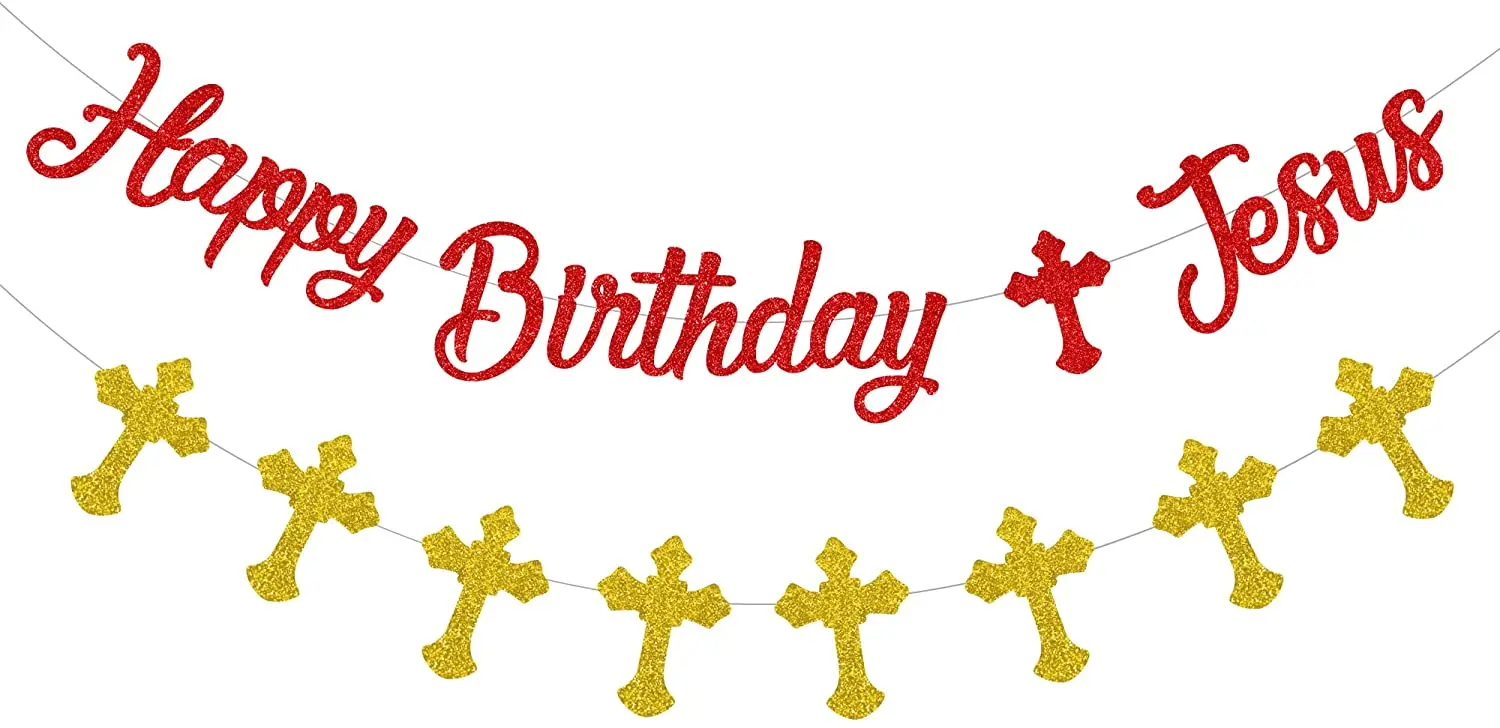 

Glitter Happy Birthday Jesus Banner & Cross Garland Party Decorations Jesus Reason for the Season Christian Holiday Decorations